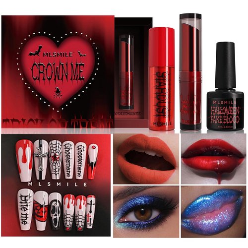 Tiejdhr 4 Set Matte Soft Mist Halloween Vampire Lipstick Powder, Nail Slice, Fakeblood, Two Tone Eyeshadow for Sports Halloween Birthday Party Clown Makeup Sets (Set A)