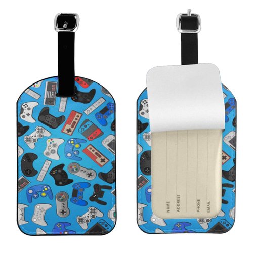 UESEU Video Game Controller Luggage Tag for Suitcases,Colorful Cartoon Gamepad Joystick Blue PU Leather Baggage Tags Bag Tags Travel Id Label for Luggage Women Men -1 Piece