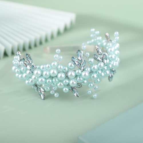 BERYUAN Pearls Rhinestone Wedding Headband Mint GreenTeardrop Rhinestone Pearls Wedding Hair Accessories Princess Bridal Headband Pearls Wedding Headpiece for Brides Bridesmaid Girls (mint green)