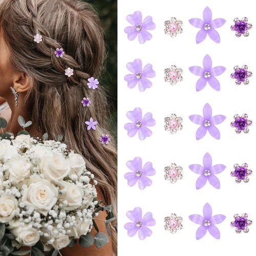 YISSION 20Pcs Mini Flower Hair Clips Cute Rhinestone Hair Pins Small Decorative Hair Clips Wedding Hair Barrettes Purple Flower Hair Clips Bridal Hair Accessories for Girls Women (4 Flower Pattern)