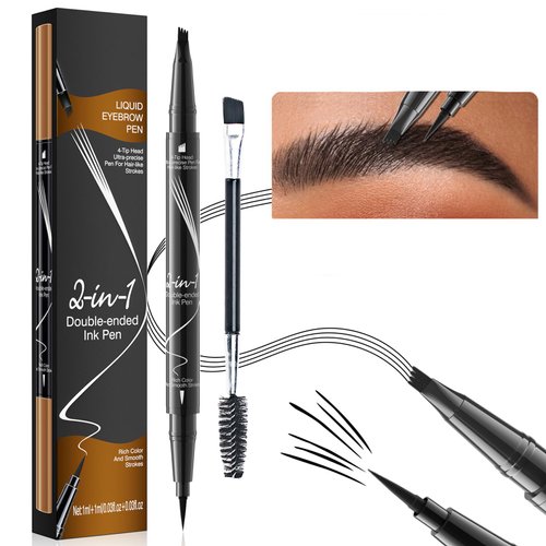 Microblading Eyebrow Pen Brow Pencil Waterproof Eyebrow Pen 2-in-1 Dual-Ended Eyebrow Pencil with 4-Fork Tip & Spoolie Brush for Long-Lasting Hairlike Eyebrow Pen, Black