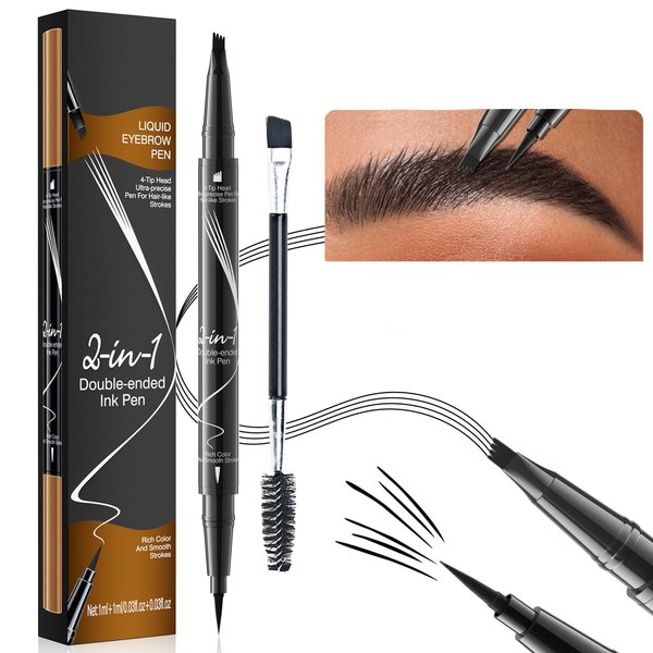 Microblading Eyebrow Pen Brow Pencil Waterproof Eyebrow Pen 2-in-1 Dual-Ended Eyebrow Pencil with 4-Fork Tip & Spoolie Brush for Long-Lasting Hairlike Eyebrow Pen, Black