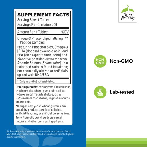 Terry Naturally Vectomega - 60 Tablets - Omega-3 from Salmon, Including EPA & DHA - Non-GMO, Gluten Free - 60 Servings