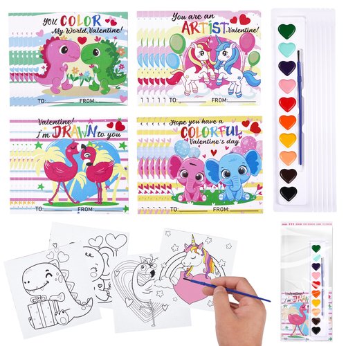 24 Pack Valentines Day Gifts for School Class Gift Exchanges Kids Watercolor Paint Set with 4 x 4Inch Canvases Water Color Kids Paint Set for Toddlers Preschool Classroom Valentines Gift Party Favor