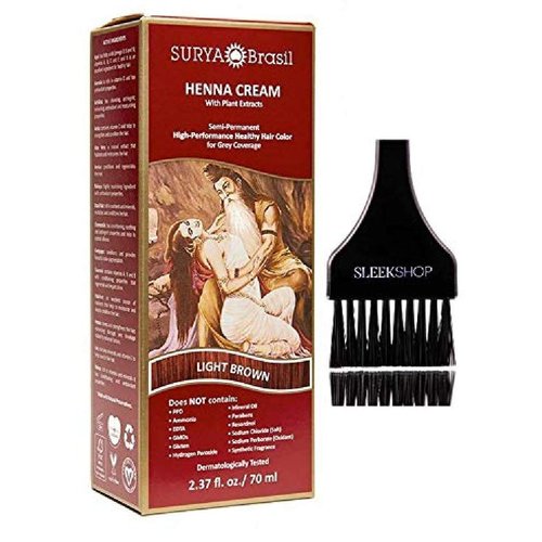 Surya Brasil All Natural HENNA Hair Color CREAM Plant Extracts, Semi-Permanent for Grey Coverage (with Brush) Brazil (LIGHT BROWN)