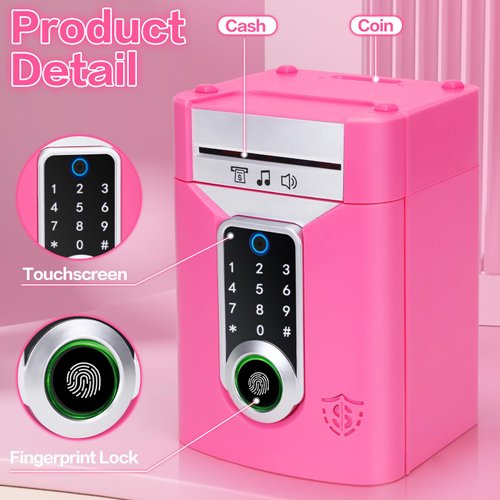 Fingerprint Piggy Bank for Kids, Touchscreen Money Bank Toys for 4 5 6 7 8 9 10 11 12 13 Year Old Boys Gift Ideas, Electronic Money Saving Box for Girls, Birthday Gifts for Boys ATM Machine for Kids