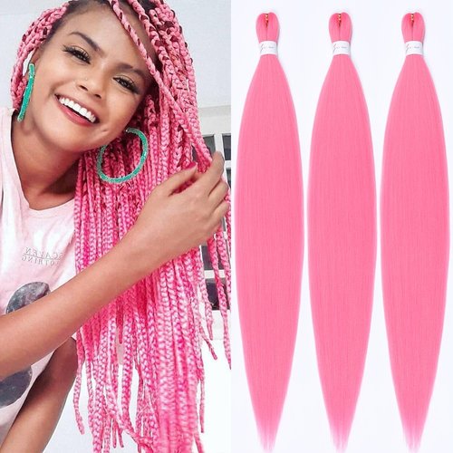 32 Inch Pink Braiding Hair Extensions Pre stretched Braiding Yaki Braids Hair Hot Water Setting S...
