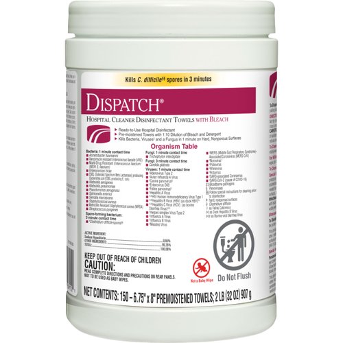 Dispatch Hospital Cleaner Disinfectant Towels with Bleach, Healthcare Cleaning and Industrial Cleaning, Clorox Disinfectant Wipes, 150 Count - 69150