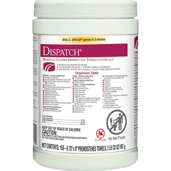Dispatch Hospital Cleaner Disinfectant Towels with Bleach, Healthcare Cleaning and Industrial Cleaning, Clorox Disinfectant Wipes, 150 Count - 69150