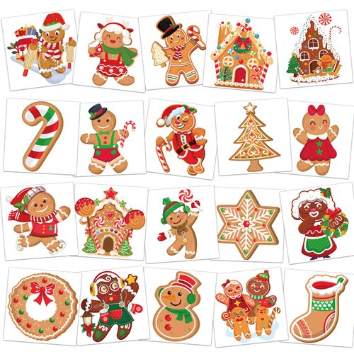 HOWAF Christmas Gingerbread Temporary Tattoos Stickers for Kids,60 Individually Sheets Ginger Man House Tattoos for Boy Girls Christmas Party Favor, Xmas Gingerbread Santa Claus Prizes Themed
