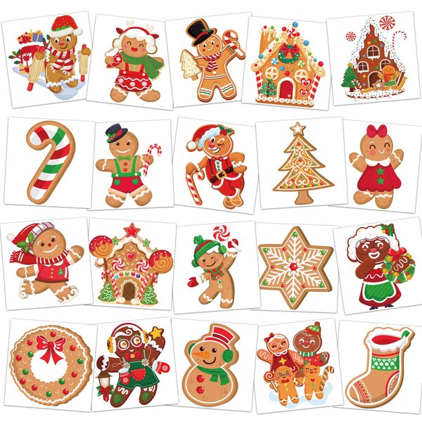 HOWAF Christmas Gingerbread Temporary Tattoos Stickers for Kids,60 Individually Sheets Ginger Man House Tattoos for Boy Girls Christmas Party Favor, Xmas Gingerbread Santa Claus Prizes Themed