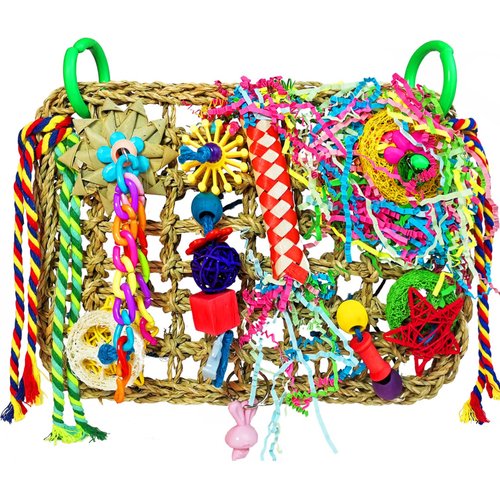 Hyamass Bird Toys, Bird Foraging Toys, Edible Seagrass Woven Climbing Hammock Mat with Colorful Chewing Toys, Suitable for Parakeets Cockatiel Conures Lovebirds Finch Budgies Small Birds