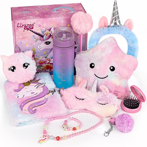 Unicorns Gifts for Girls, Kids Unicorn Toy Set with Light Up Star Pillow/Diary with Lock/Water Bottle/Headband/Eye Mask, Teen Girl Birthday Christmas Unicorns Toy for 4 5 6 7 8 9 10+ Years Old