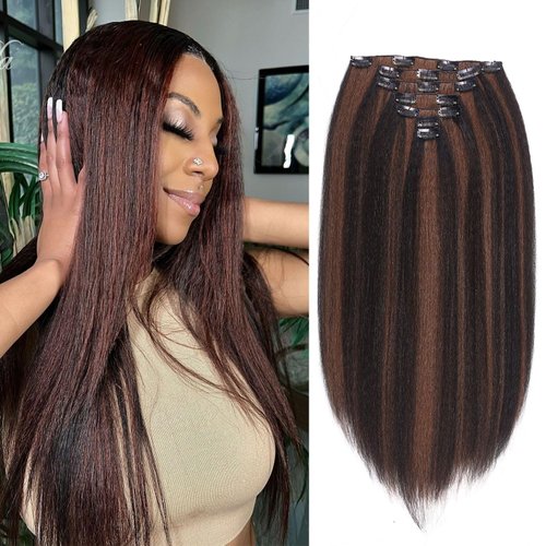 FANCEE Kinky Straight Clip in Hair Extensions for Black Women Full Head Yaki Straight Clip Ins Synthetic Hair Extensions (14 inch, Black Mixed Brown)