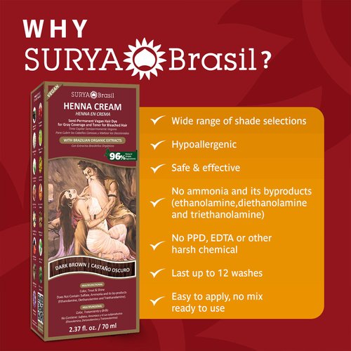 Surya Brasil Henna Hair Color Cream - Semi-Permanent Natural Dye for Gray Coverage - Deep Conditioning, Dark Brown, 2.37 oz