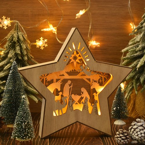 GHOSTMAGIC Nativity Scene Christmas Ornament, 3D Layered Holy Family LED Lights Decoration for Table/Shelves/Fireplace, Rustic Wooden Farmhouse Holiday Home Decoration (Wood Color)