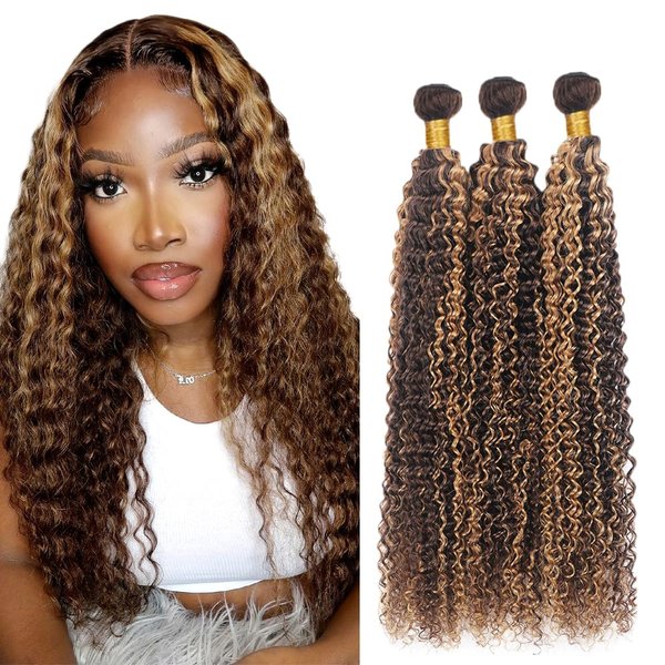 24 26 28 Inch P4/27 Human Hair Bundles Highlight Kinky Curly Bundles Ombre 2 Tone Brown and Blonde Curly Bundle Human Hair Weave 8A Brazilian Virgin Highlight P4/27 Bundles Human Hair Extensions