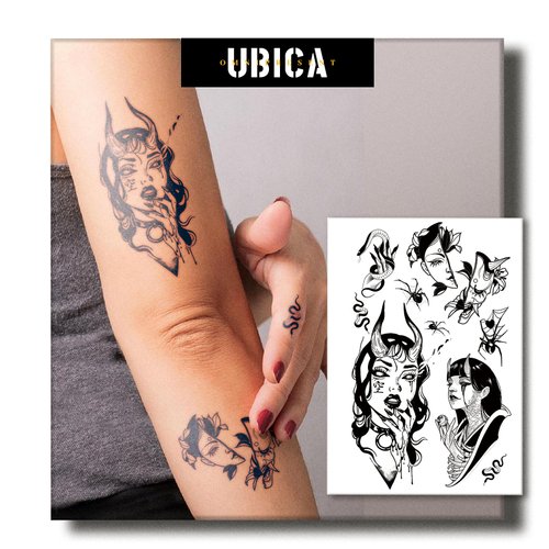 UBICA Temporary Tattoos Adult, 2 Sheets Fake Tattoos, Realistic And Long-Lasting Non-Reflective, Waterproof For 1-2 Weeks, Longhorn Devil Woman 4.7x6.8in