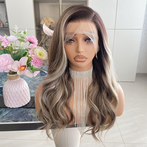 Carkira Platinum Brown with Blonde Wig Highlight 13x4 Lace Front Wigs Loose Body Wave Synthetic Fiber Pre Plucked 18Inch for Women