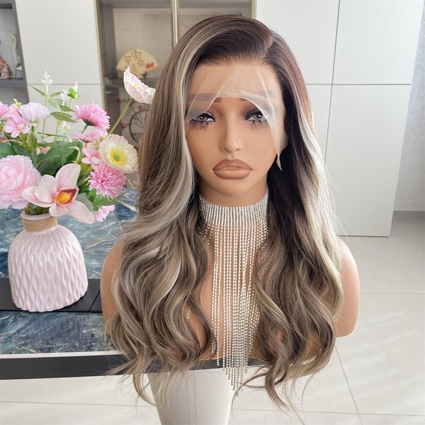 Carkira Platinum Brown with Blonde Wig Highlight 13x4 Lace Front Wigs Loose Body Wave Synthetic Fiber Pre Plucked 18Inch for Women