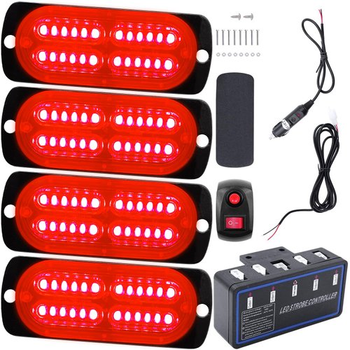 EASE2U E 24 LED Strobe Lights for Trucks Vehicles Suvs, 4pcs Emergency Warning Lights Caution Hazard Construction Ultra Slim Sync Feature Car Truck with Main Control Box Surface Mount
