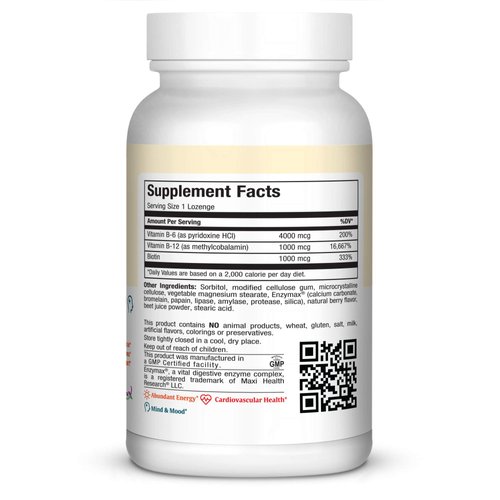 Maxi Health Triple B Lozenges - Vitamin B12 & B6 & Biotin - Strawberry Flavor - 90 Chewies - Kosher