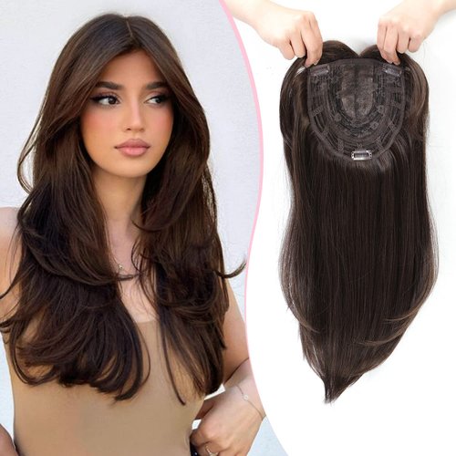 Megito Long Wavy 18inch Hair Topper Big Base Cover Thinning Hair Clip in Hair Toppers for Women Fiber Wiglets with Fringe Dark Brown
