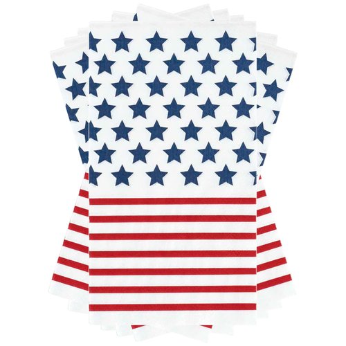 C.R. Gibson TW8-21994 Disposable Dinner Napkins and Guest Towels, 4.25'' x 8'', Red, White, and Blue American Flag, 16pcs