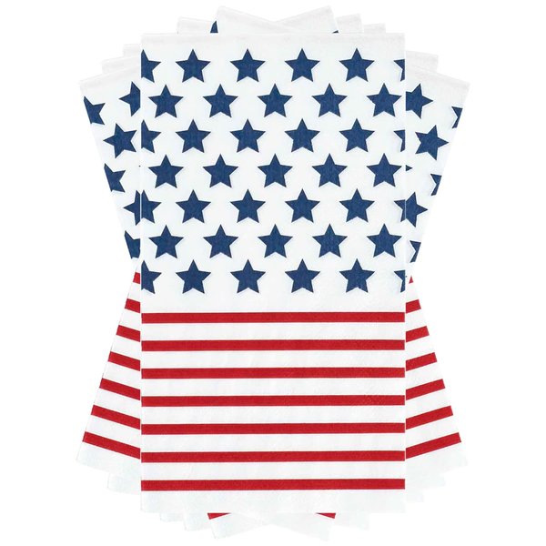 C.R. Gibson TW8-21994 Disposable Dinner Napkins and Guest Towels, 4.25'' x 8'', Red, White, and Blue American Flag, 16pcs