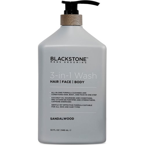Blackstone 3-in-1 Wash for Men | Cleanse & Condition Hair, Body, & Face | All Skin & Hair Types | Coconut Oil & Vitamin B5 - Sandalwood (32 ounces)