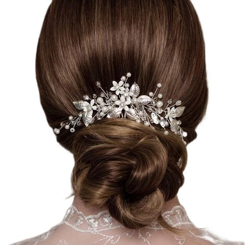 JWICOS Silver Pearl Crystal Beads Hair Accessories Vintage Wedding Party Hair Side Comb for Bride and Bridesmaid Flower Leaves Vintage Hair Vine for Flower Girls (Silver)
