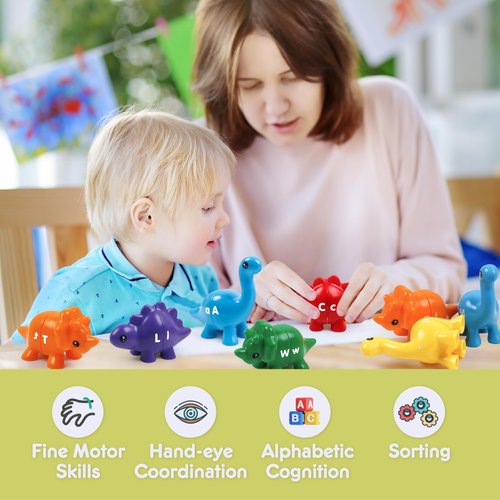 GKDOMS Alphabet Dinosaurs Matching Letters Toy, 26 PCS Double-Sided ABC Dinosaur with Uppercase Lowercase, Match and Snap Fine Motor Game Preschool Learning Toys Gifts for Ages 18+ Months