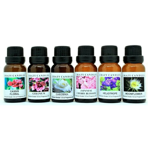 Crazy Candles 6 Bottles Set (Made in USA) Cassis Floral, Gardenia, Geranium, Heliotrope, Japanese Cherry Blossom, Moonflower 1/2 FL Oz Each (15ml) Premium Grade Scented Fragrance Oil