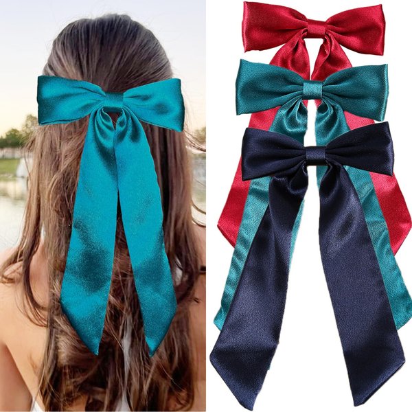 YosaiHom 3pcs Long Tail Bow Hair Clips for Women, Silky Satin Hair Ribbon Bows Bowknot Barrettes Clip Big Bows for Women Girls Cute Hair Accessories (Navy blue Green Burgundy)