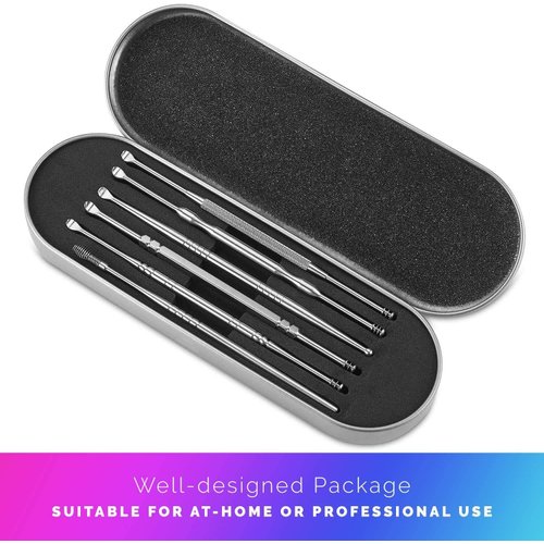Stainless Steel Ear Curette Cleansing Kit - 6 Piece Set with Spiral Spring Pick Unclogger, Thorough Ear Wax Removal and Storage Case