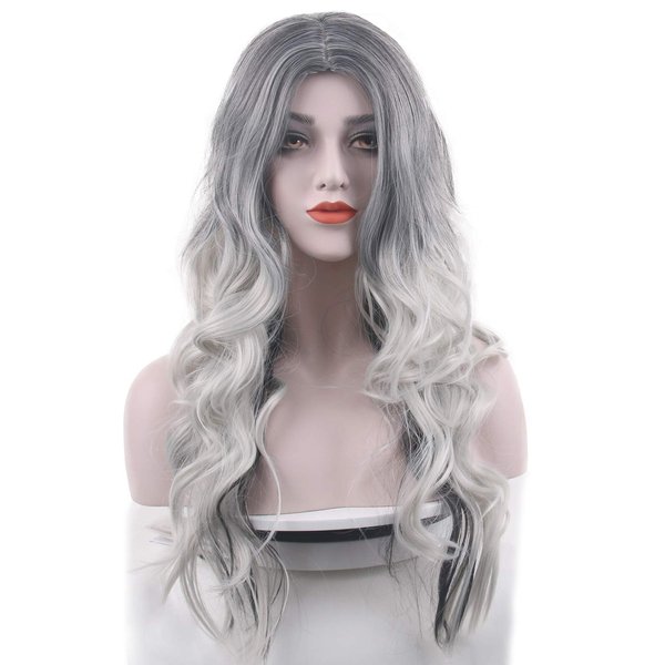 Beautyself Silver Grey Costume Wigs for Women Halloween Curly Long Wavy Fashion Cosplay Ombre Black Mix Gray Hair Wigs with Wig Cap