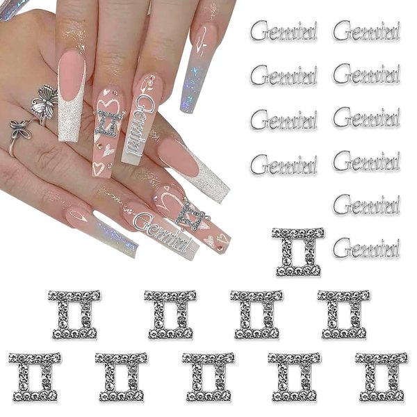 XEAOHESY 20 Pieces Silver Alloy Gemini Zodiac Nail Charms 10pcs Gemini Symbols Sign Charms for Nails 10pcs Gemini Words Nail Charms for Women Nail Art Decoration