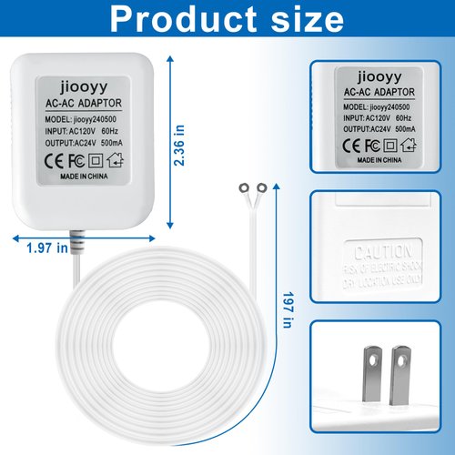jiooyy 24V 500mA Video Doorbell Power Adapter AC110-120V to AC 24V - 16.4 feet Extension Cable, Fits Eufy, Wyze, Ring, Nest, Arlo Wireless Video doorbell Transformer(White)