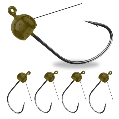 Reaction Tackle Tungsten Wacky Jig Heads - 5-Pack for Bass Fishing Jigs, Weedless Option Wacky Worm Hook - Finesse Jig for Soft Plastics and Wacky Worms - 3/16 - Green Pumpkin - weedless