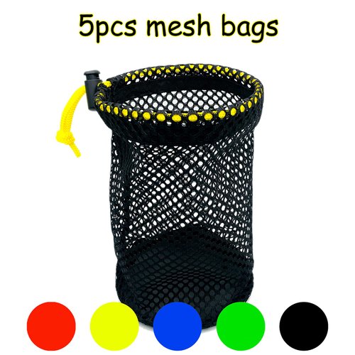 JKL 5 Pack Small Golf Ball Bags, Golf Mesh Bags,Sports Net Bag, Round Storage Bag,little nylon mesh bag,Colorful Drawstring mesh Bags for Golf accessories（Red Yellow Blue Green Black bag）