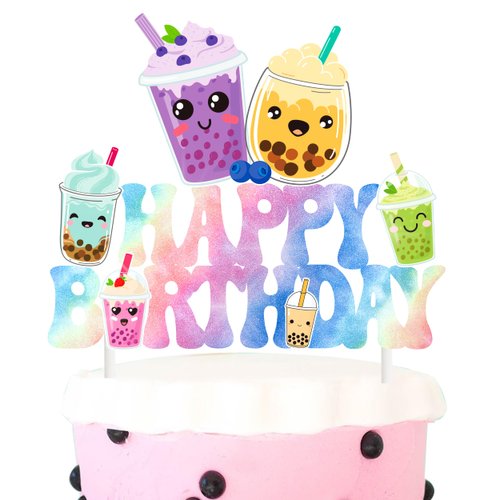 Bubble Birthday Cake Topper Colorful Bubble Tea Happy Birthday Cake Topper Boba Tea Birthday Party Decoration Boba Party Cake Pick for Pearl Milk Tea Theme Birthday Baby Shower Supplies