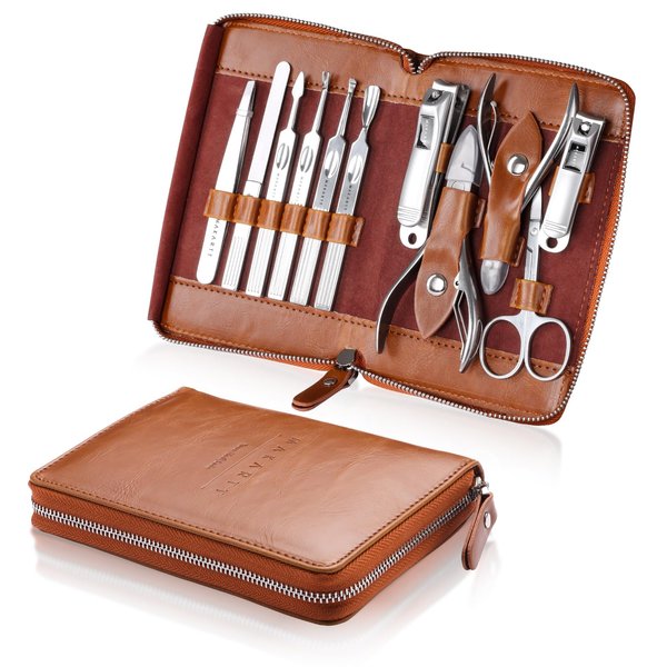 Makartt Manicure Kit: Professional Nail Care Kit Nail Clippers Set - 11 pcs Stainless Steel Tavel Nail Tool Kit Pedicure Kit Men Nail Grooming Kit with Portable Brown Leather Case