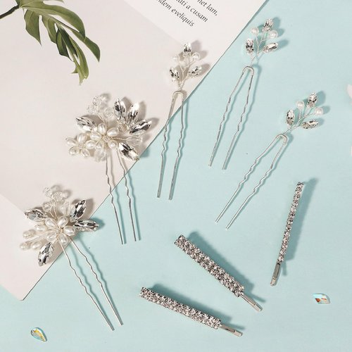 Yandino 8 Pieces wedding hair accessories Bride Wedding Pearl Hair Pins Flower Hair Piece Rhinestone Bridal Hair Accessories for Women
