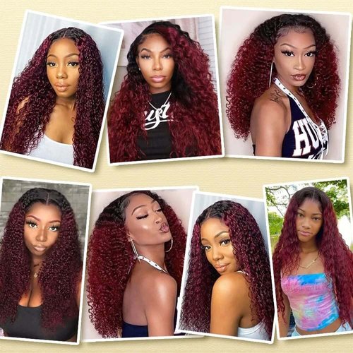 Ombre Human Hair Bundles Burgundy Kinky Curly Bundles Human Hair 18 20 22 Inch Unprocessed Brazilian Human Hair Bundles Red Wine Curly Wave Human Hair Extensions 3 Bundles