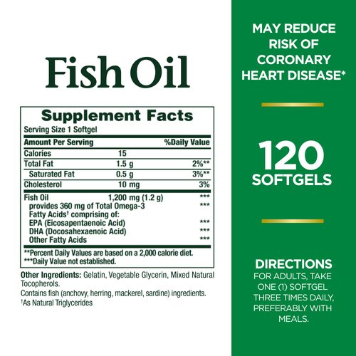 Nature's Bounty Fish Oil, Dietary Supplement, Omega 3, Supports Heart Health, 1200 Mg, 120 Rapid Release Softgels