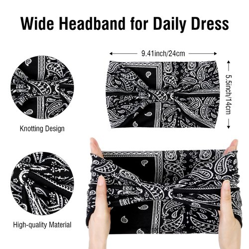 Huachi Wide Headbands for Women Black Stylish Floral Head Wraps Boho Thick Hairbands Workout Head Bands African Knotted Non Slip Turban Sport Yoga Girls Hair Accessories (Pack of 4)