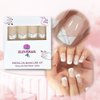Natural Nude Pink White French Nails Press on False Nails Silver Glitter Line Squoval Fake Nails Medium Short Full Cover faux ongles for Home Office Finger Wear Nail Art Tips