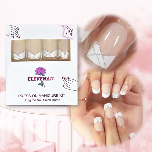 Natural Nude Pink White French Nails Press on False Nails Silver Glitter Line Squoval Fake Nails Medium Short Full Cover faux ongles for Home Office Finger Wear Nail Art Tips