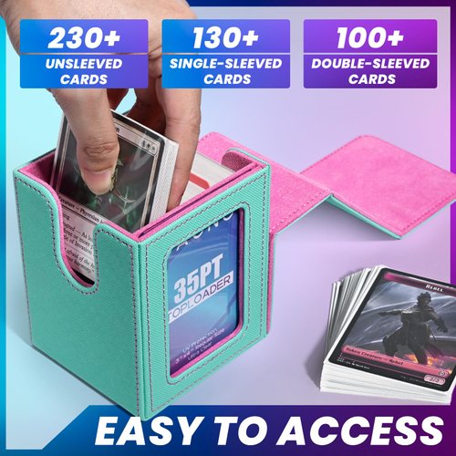 UAONO Card Deck Box with MTG Commander Display, Patented Design Card Deck Case Holds 100+ Double-Sleeved Cards, PU Leather Cards Storage Box For TCG with 2 Dividers, 1 Toploader (Turquoise&Pink)