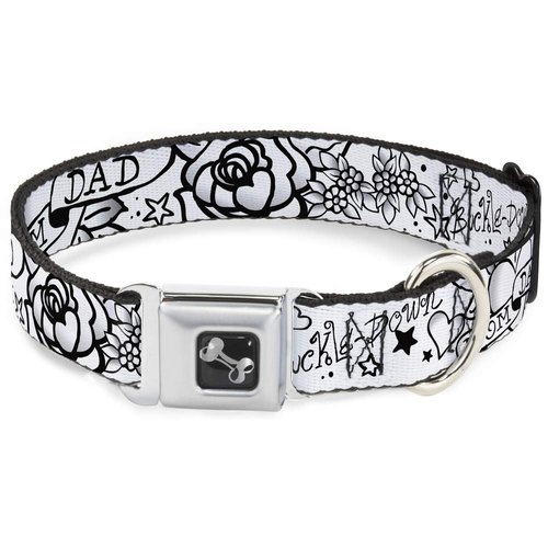 Buckle-Down Seatbelt Buckle Dog Collar - Mom & Dad Black/White - 1" Wide - Fits 9-15" Neck - Small